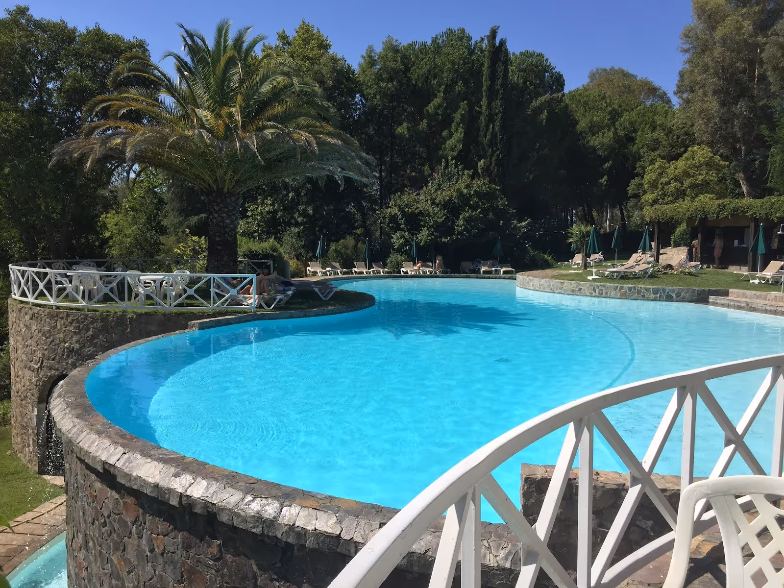 Outdoor hot spring pool at Termas de Monfortinho with clear blue water surrounded by lush trees and scattered lounge chairs in Monfortinho.