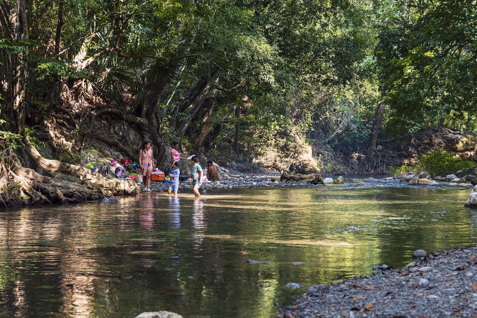 Children and adults wading and standing in a shallow creek surrounded by trees and rocks in a natural setting near Finca El Paraiso Hot Spr.