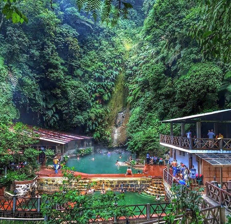 Las Fuentes Georginas hot spring pools nestled among lush green ferns and trees near Quetzaltenango Guatemala with steam rising above water.