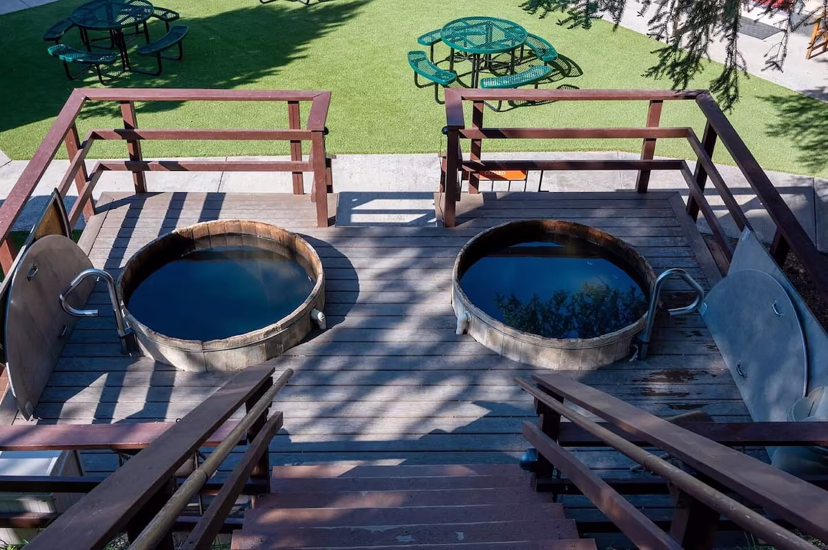 Box Canyon Lodge, Colorado - cedar soaking tubs terraced on mountainside with San Juan views