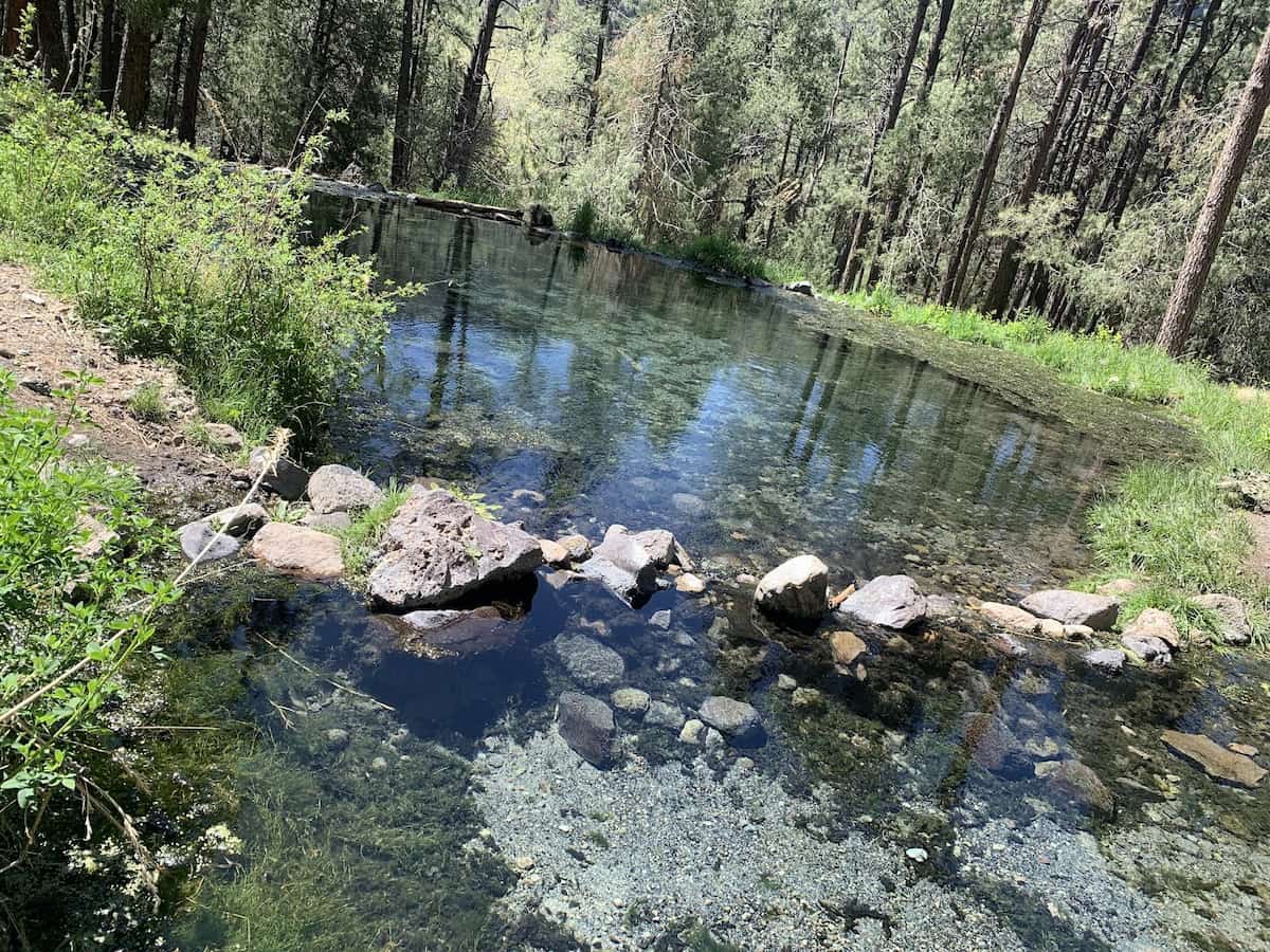 McCauley Warm Springs New Mexico - soaking pools in a forested canyon clearing near Battleship Rock