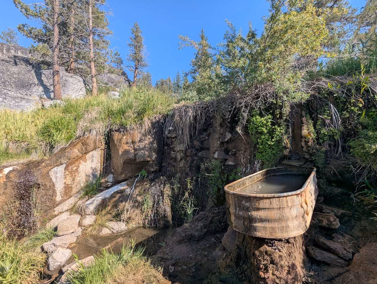 Mono Hot Springs, California - stone bathhouse and hot spring pools on the San Joaquin River