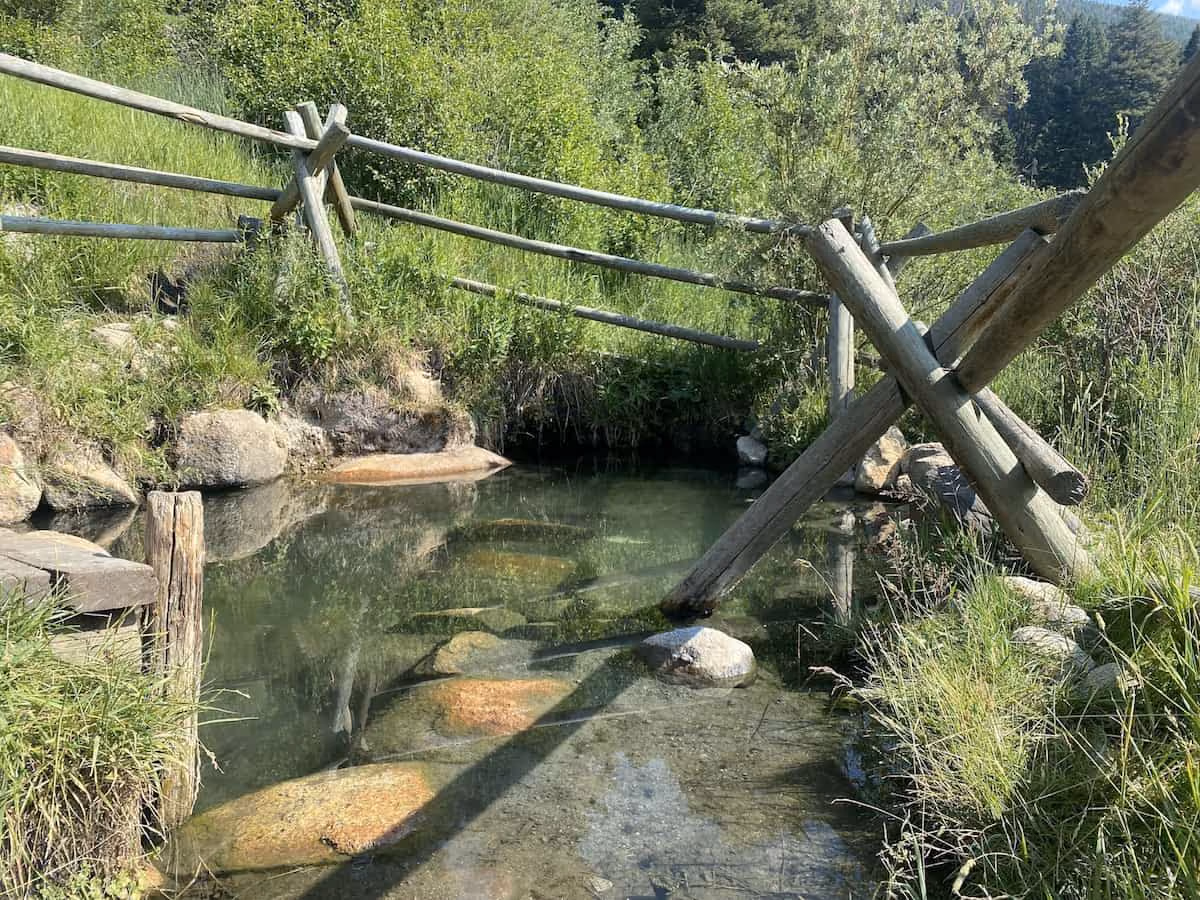 Potosi Hot Springs, Montana - outdoor mineral pool and sauna at the cabin retreat near Pony