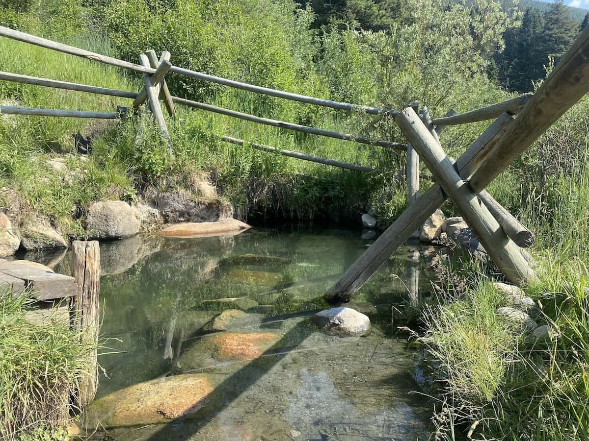 Potosi Hot Springs, Montana - outdoor mineral pool and sauna at the cabin retreat near Pony