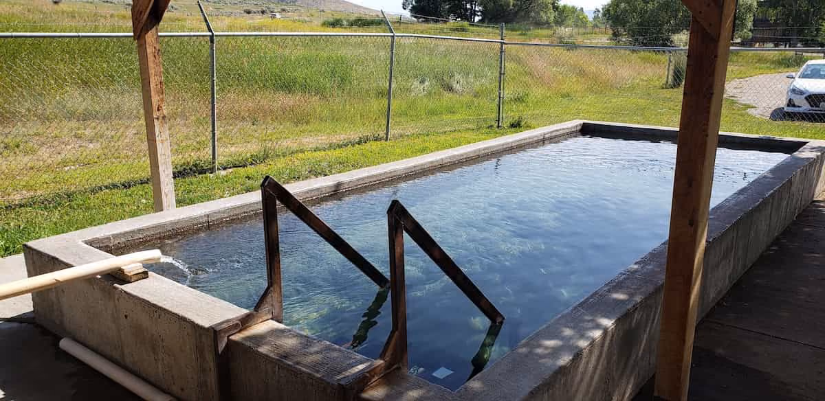 Rose's Plunge, Montana - outdoor concrete mineral soaking pool at the Camas Recreation Center