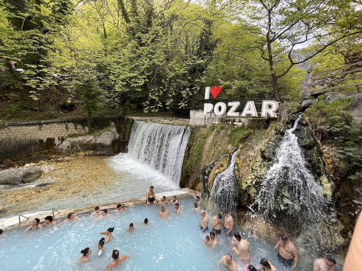 Loutra Pozar Thermal Baths, Greece - outdoor thermal pool beside a mountain river gorge
