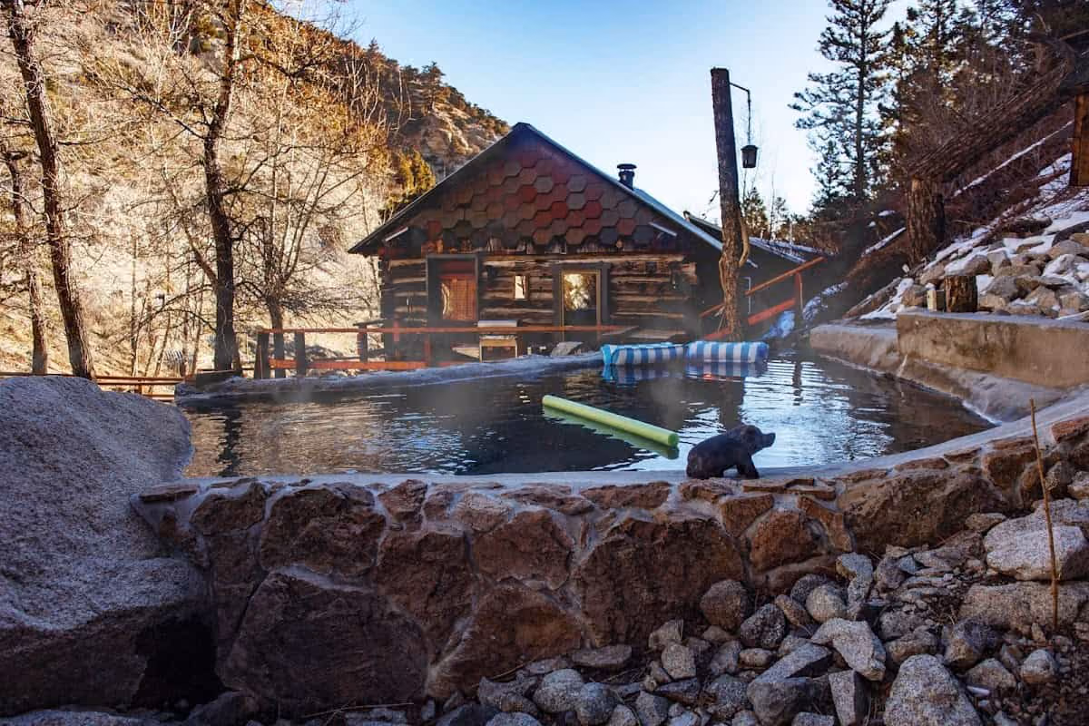 Merrifield Homestead Cabins, Colorado - log cabin with private hot spring pool on Cottonwood Creek