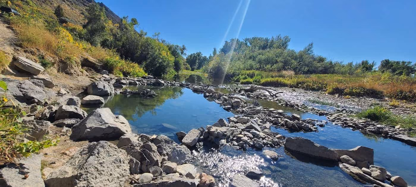 Renova Hot Springs, Montana - volunteer-built rock soaking pools along the Jefferson River bank