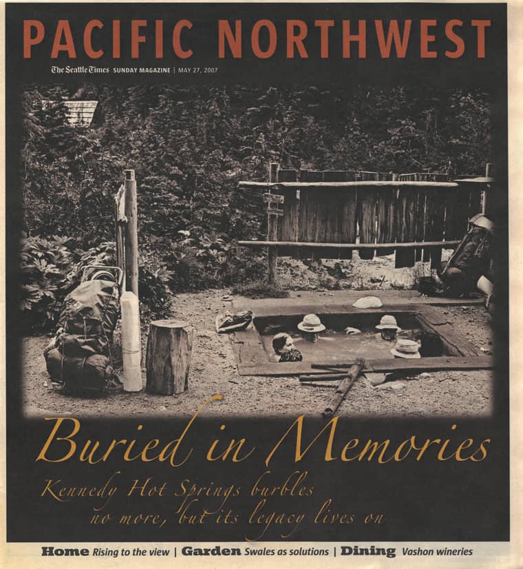 Old time newspaper photo of people soaking in a timber lined hot spring pool at kennedy hot springs in washington