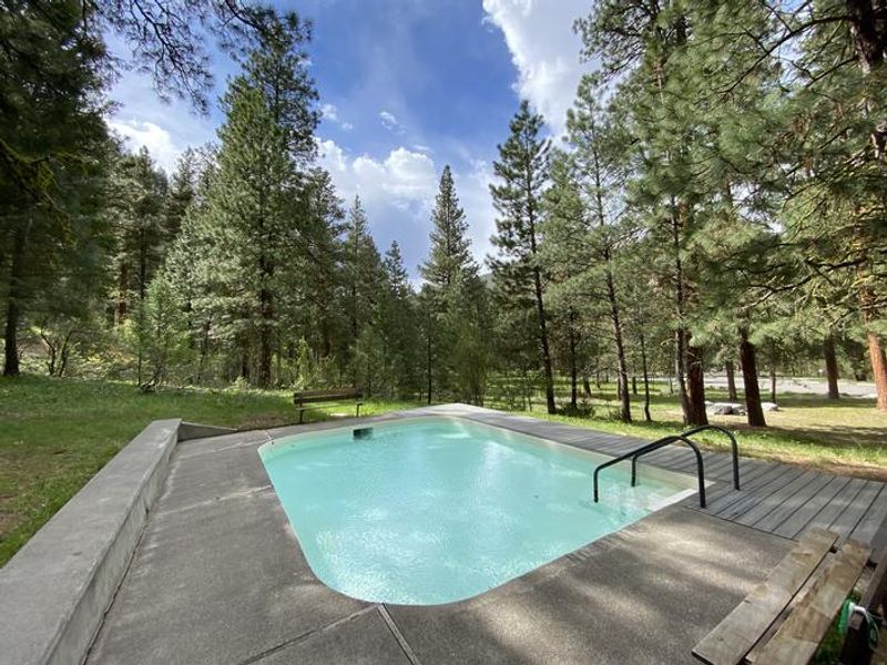 Outdoor hot spring pool in a forested valley setting at baumgartner hot springs idaho
