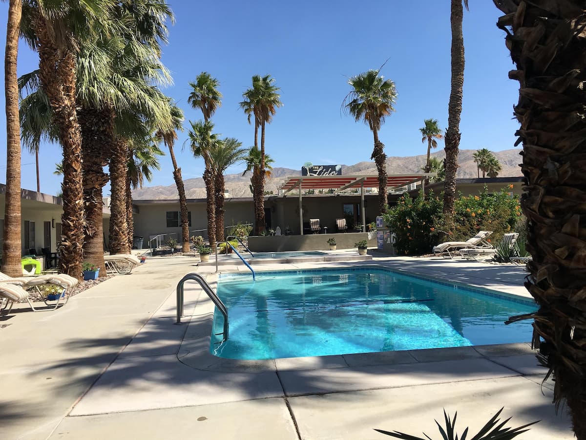 outdoor hot spring pool surrounded by palms and resort at lido palms resort and spa california