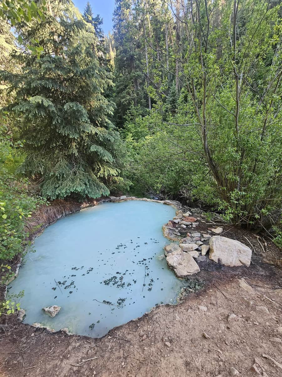 turquoise geothermal pool in a forest clearing at geyser warm spring colorado
