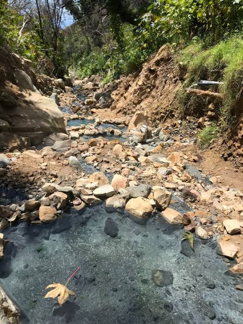 natural hot spring pool surrounded by rocks and lush vegetation at montecito hot springs california