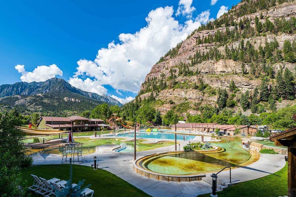Outdoor developed hot spring pools in a mountain valley at ouray hot springs colorado
