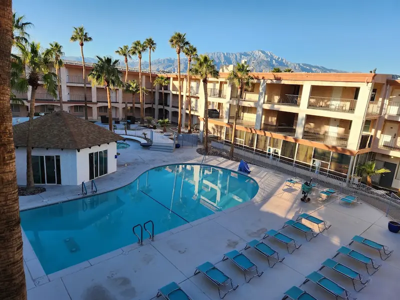 Outdoor shaded hot spring pool in a spa resort at aqua soleil hotel in california