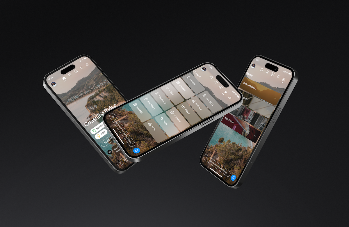 Three phones showing Josh app scenes and room controls