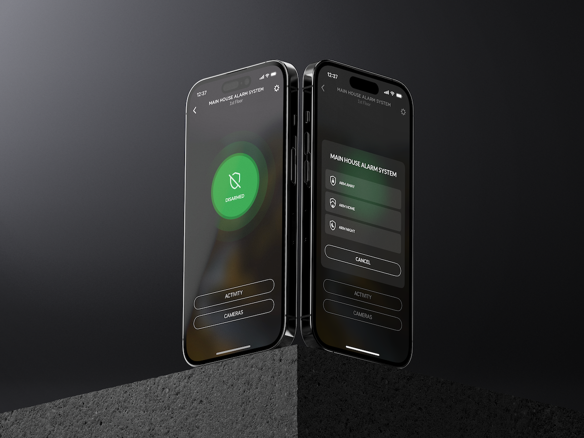 Two phones showing Josh app security arming controls