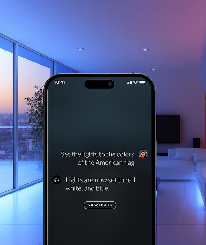 Phone command setting living room lights to red, white and blue