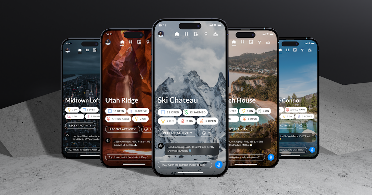 Five phones showing Josh app home screens for different properties