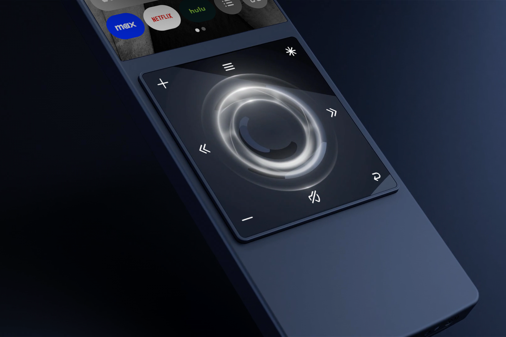Close-up of the AVA remote touchscreen showing streaming app shortcuts