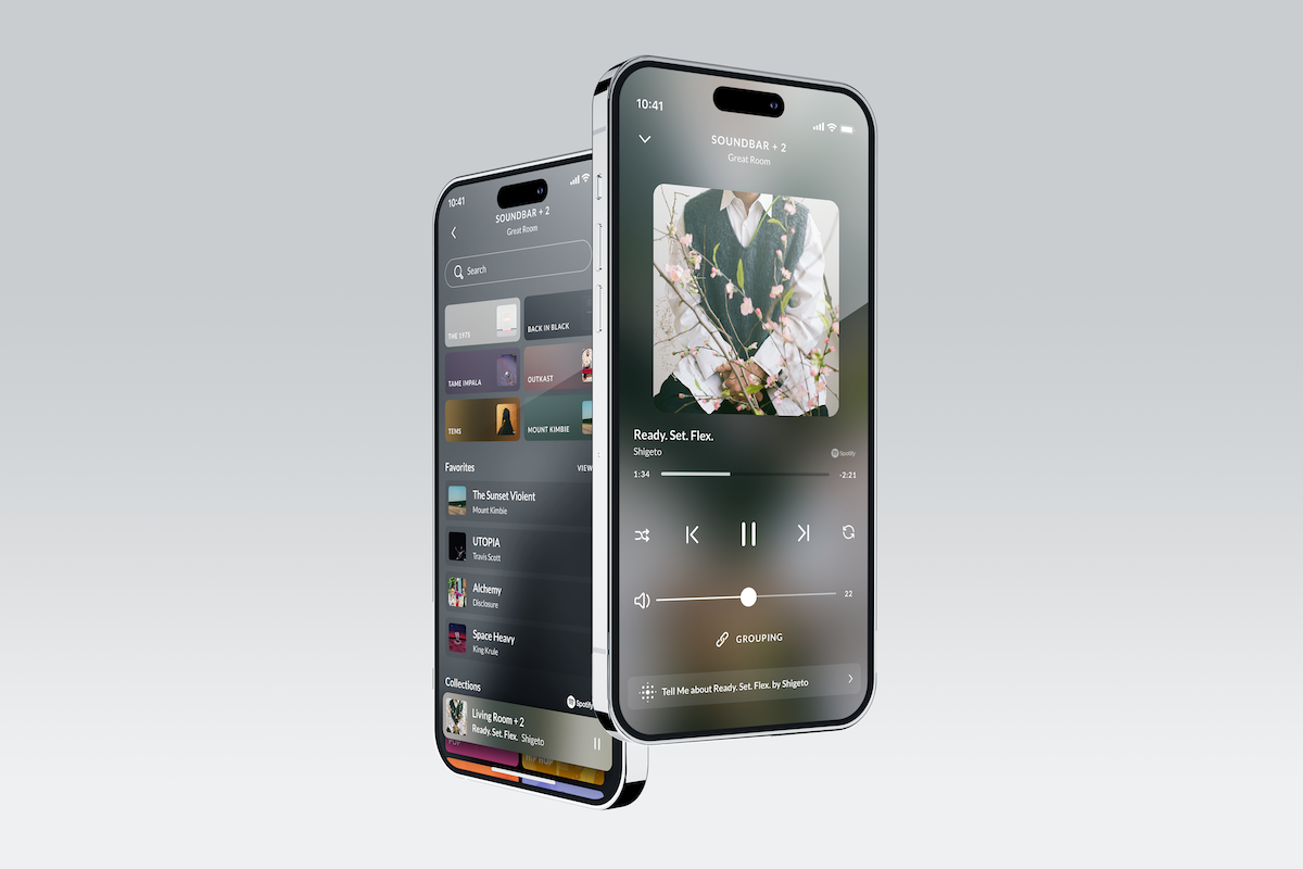 Two phones showing the Josh app music player and library