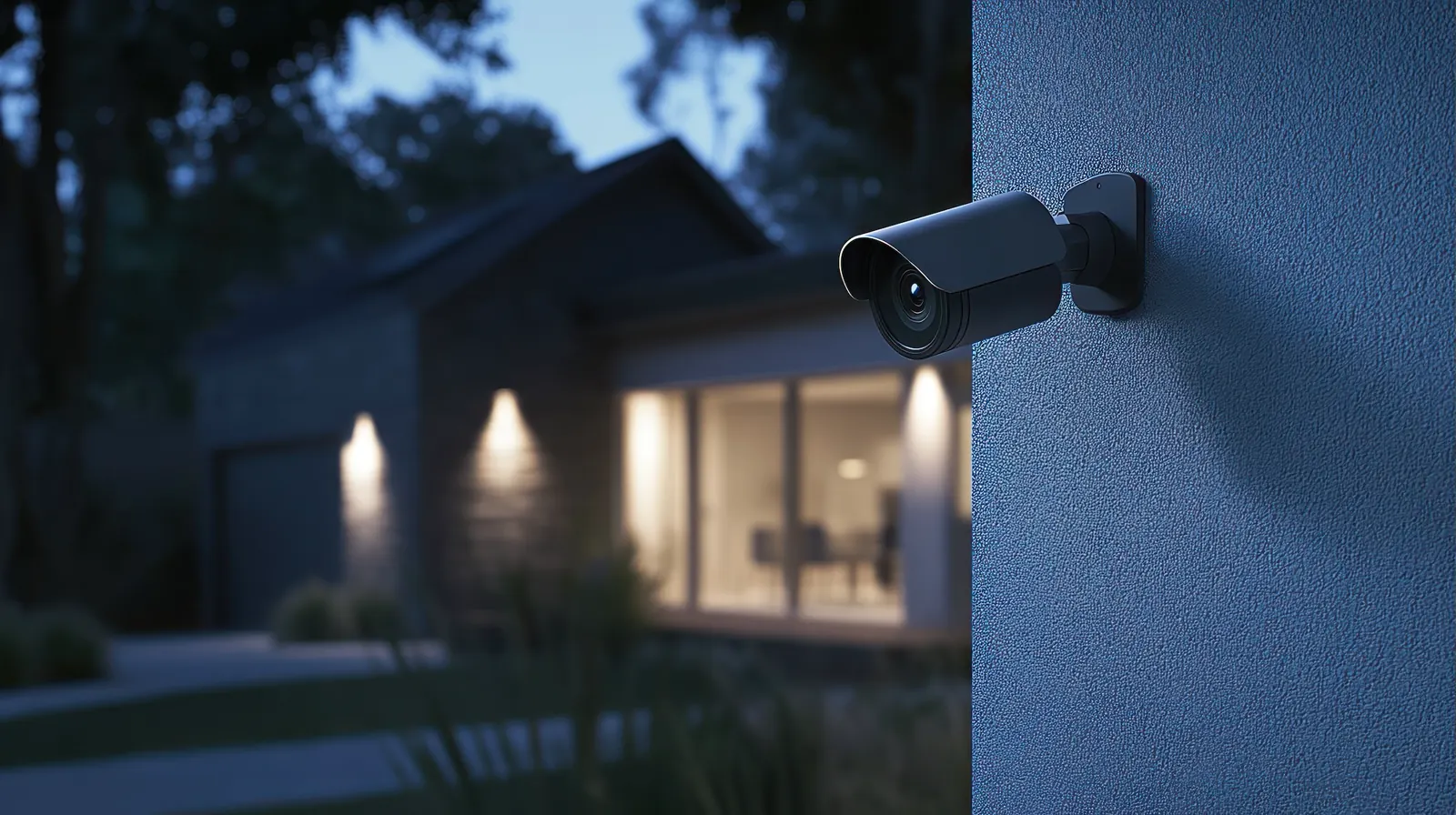 Outdoor security camera on a wall at dusk with a lit modern home behind