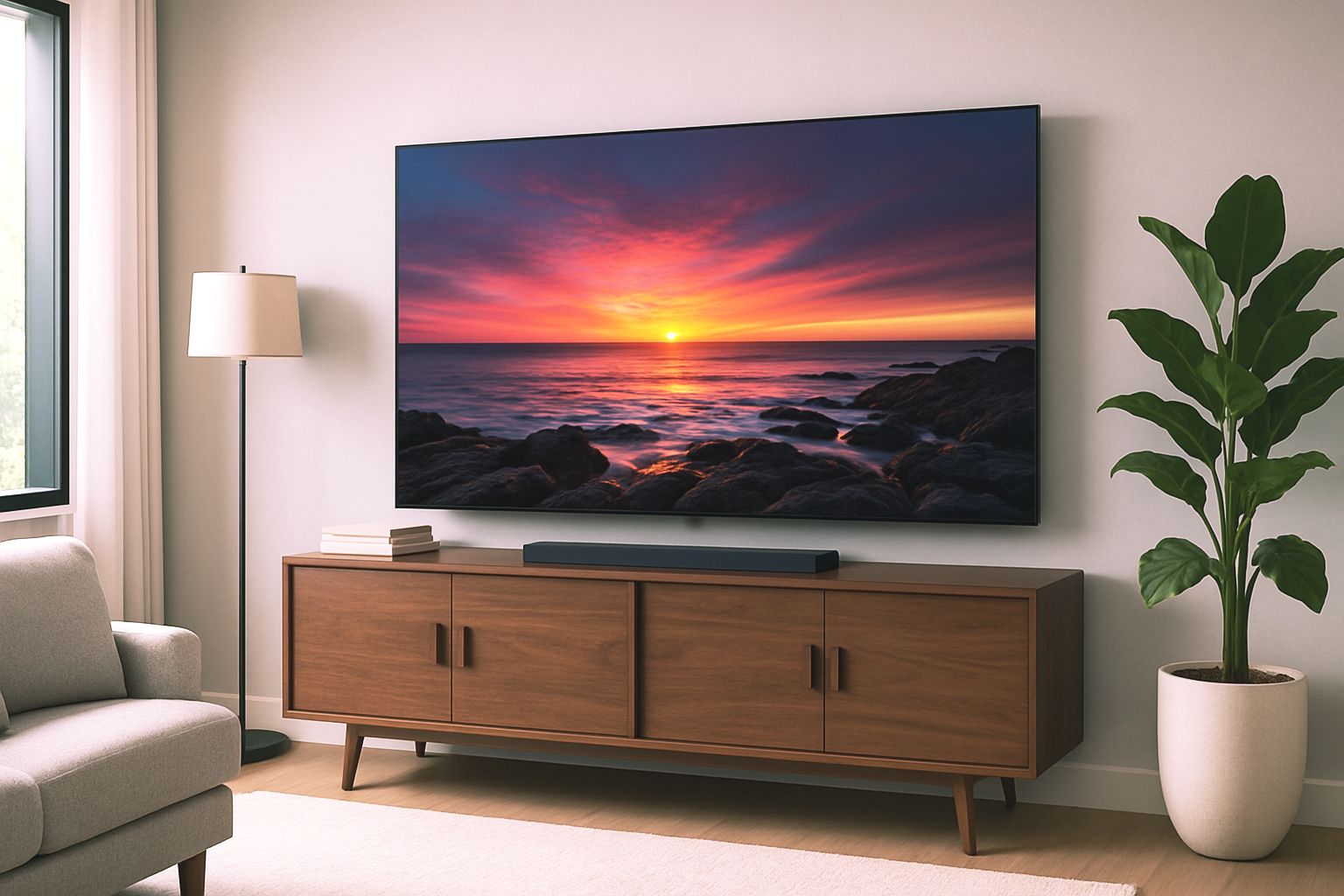 Large wall-mounted television showing a coastal sunset above a walnut credenza and soundbar in a bright living room
