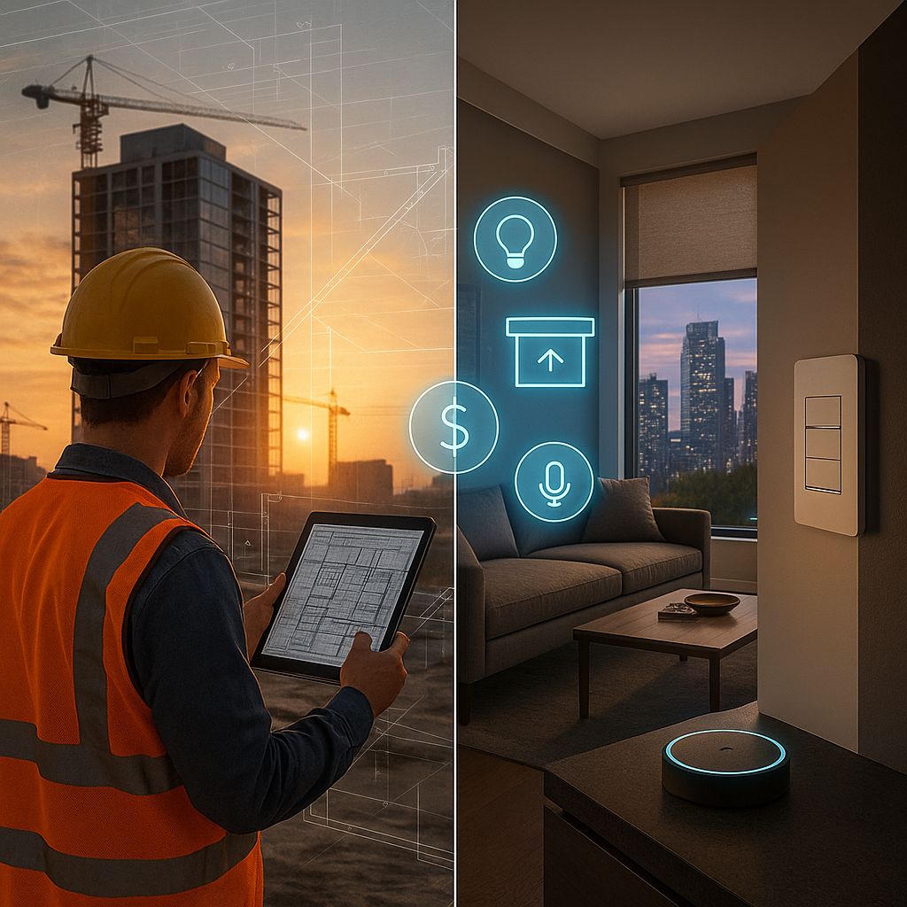 Construction manager in a hard hat reviewing plans on site beside a finished apartment with lighting, shade, and voice control icons