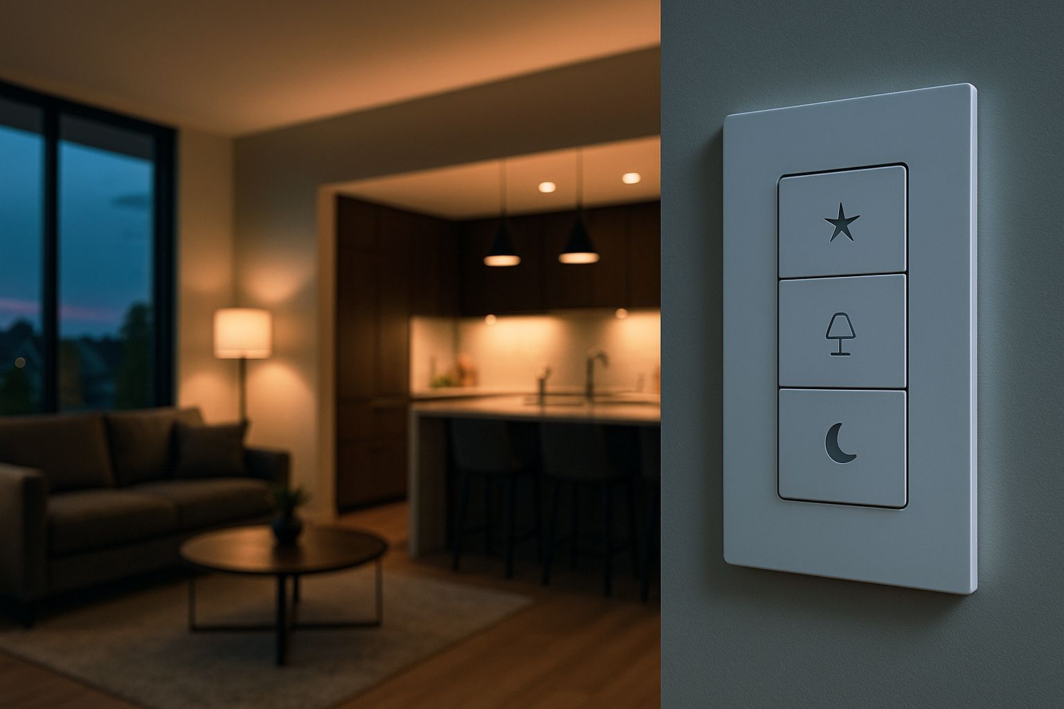 Three-button lighting keypad on a wall with scene icons, warmly lit open-plan kitchen and living room softly blurred behind