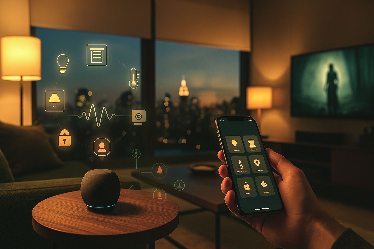 Hand holding a smart home app at night in a lit living room, with a voice speaker and floating icons for lights, climate, and locks