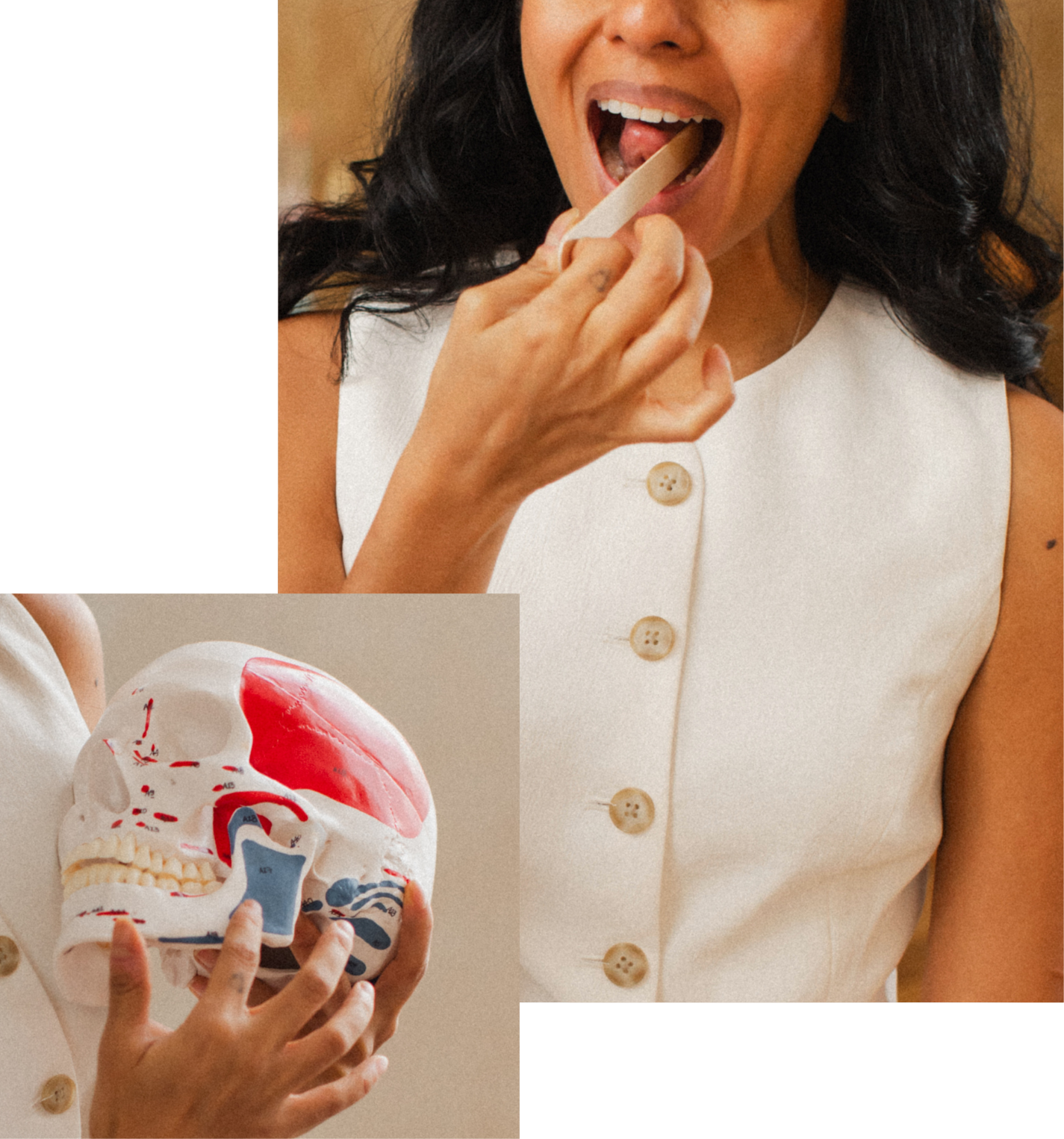 Anatomical skull and Fathima using tongue press to show jaw area.
