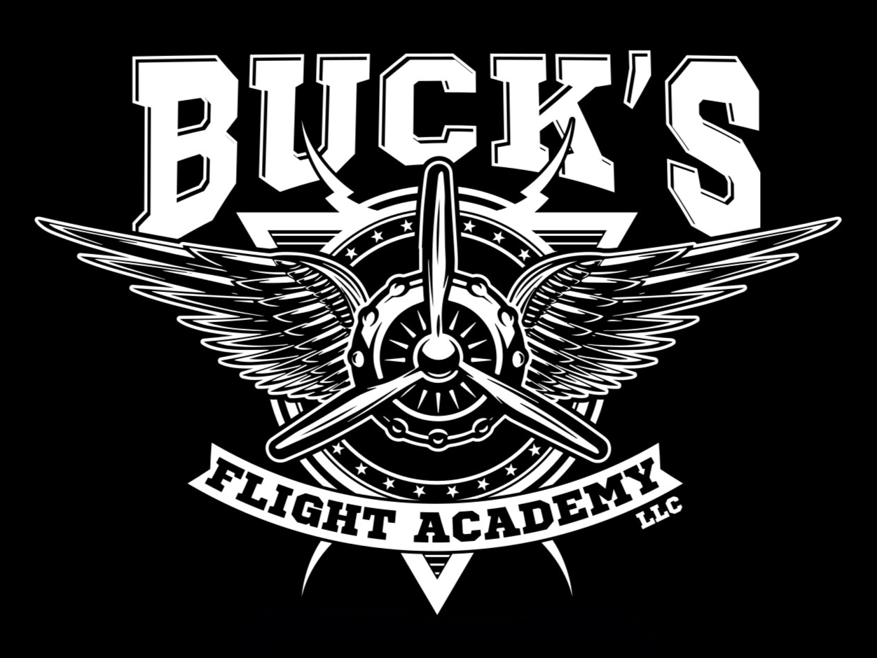 Black and white logo with wings and a propeller surrounded by stars, reading 'BUCK'S FLIGHT ACADEMY LLC'.