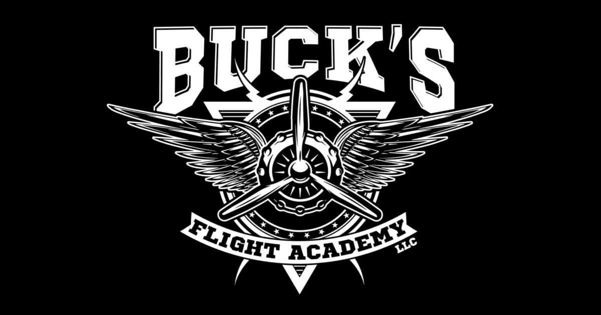 Black and white logo for Buck's Flight Academy LLC with a propeller and wings design.
