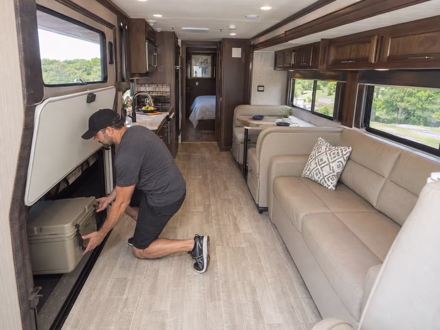 Large RV interior with slide-out living space