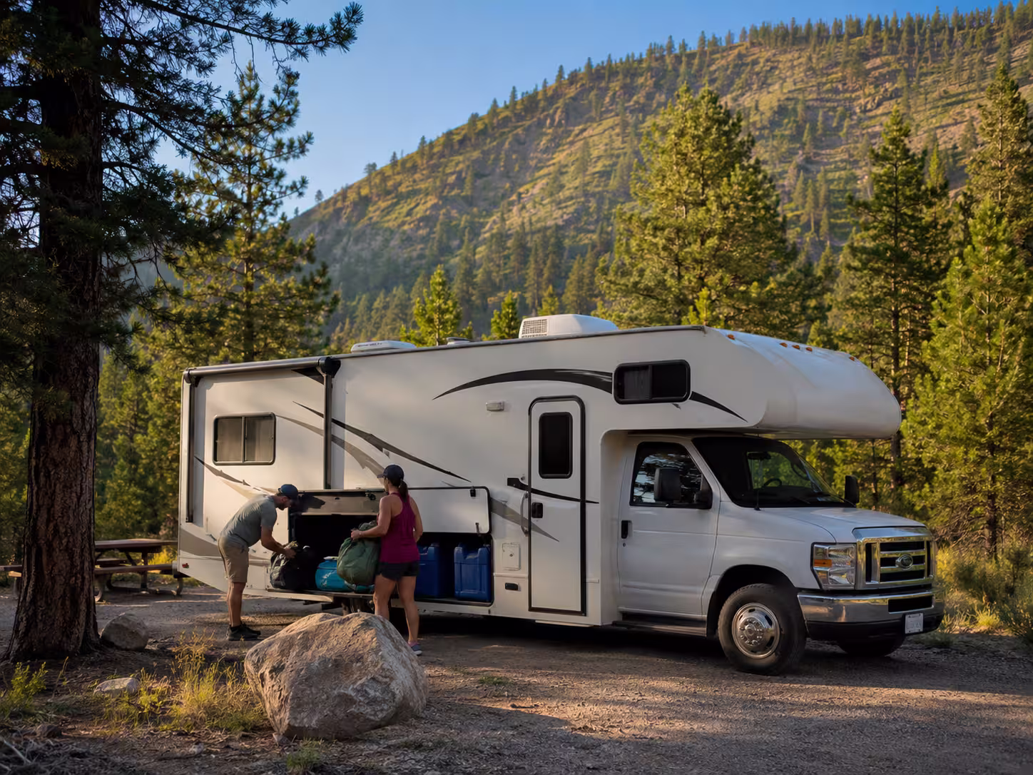 Class C motorhome at a Boise National Forest campground