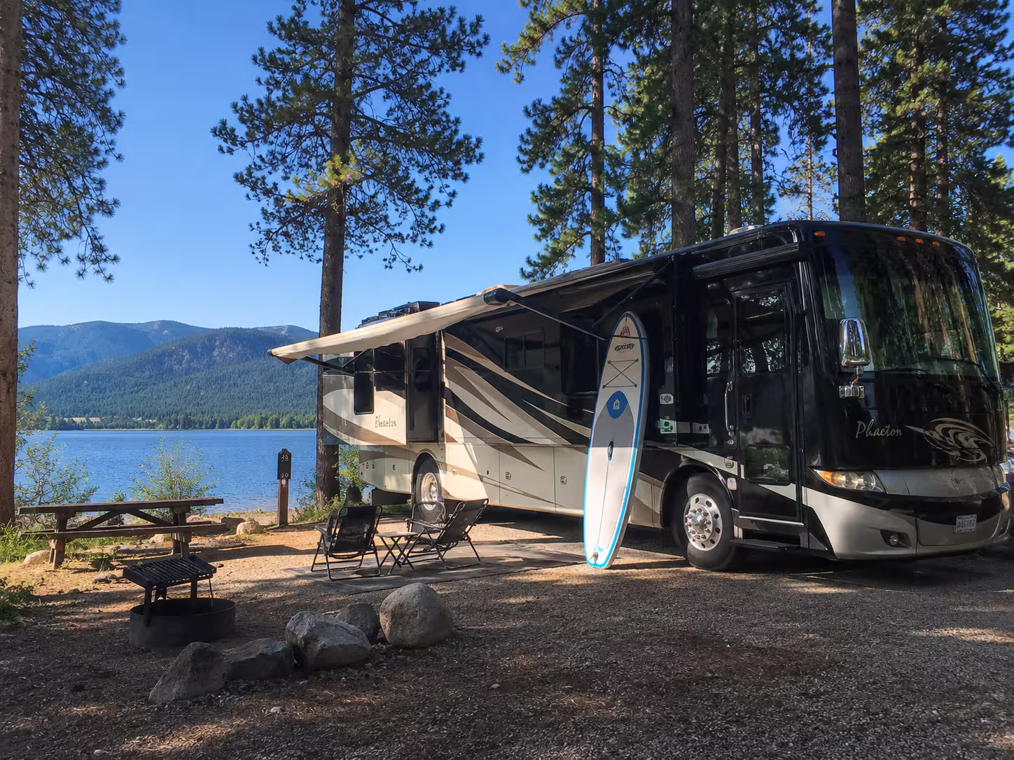 Motorhome at a lakeside campsite near McCall, Idaho
