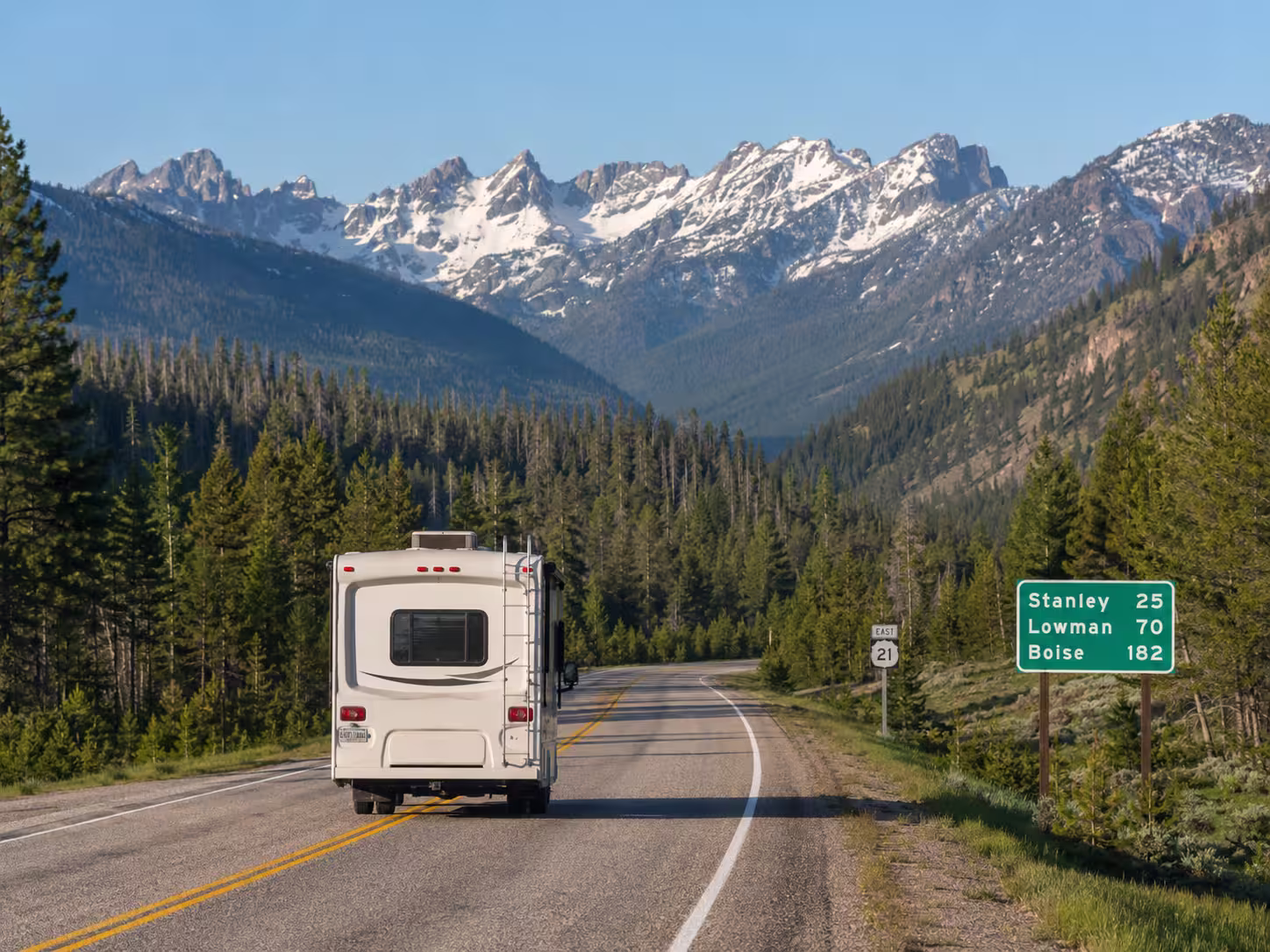 Motorhome on Highway 21 heading toward Stanley, Idaho