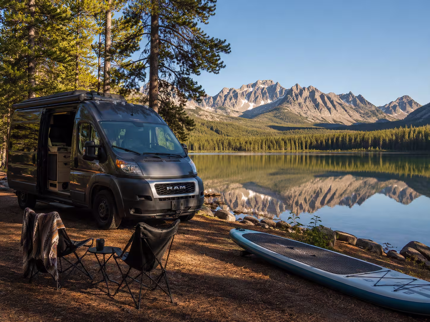 Camper van at a Redfish Lake campsite near the Sawtooths