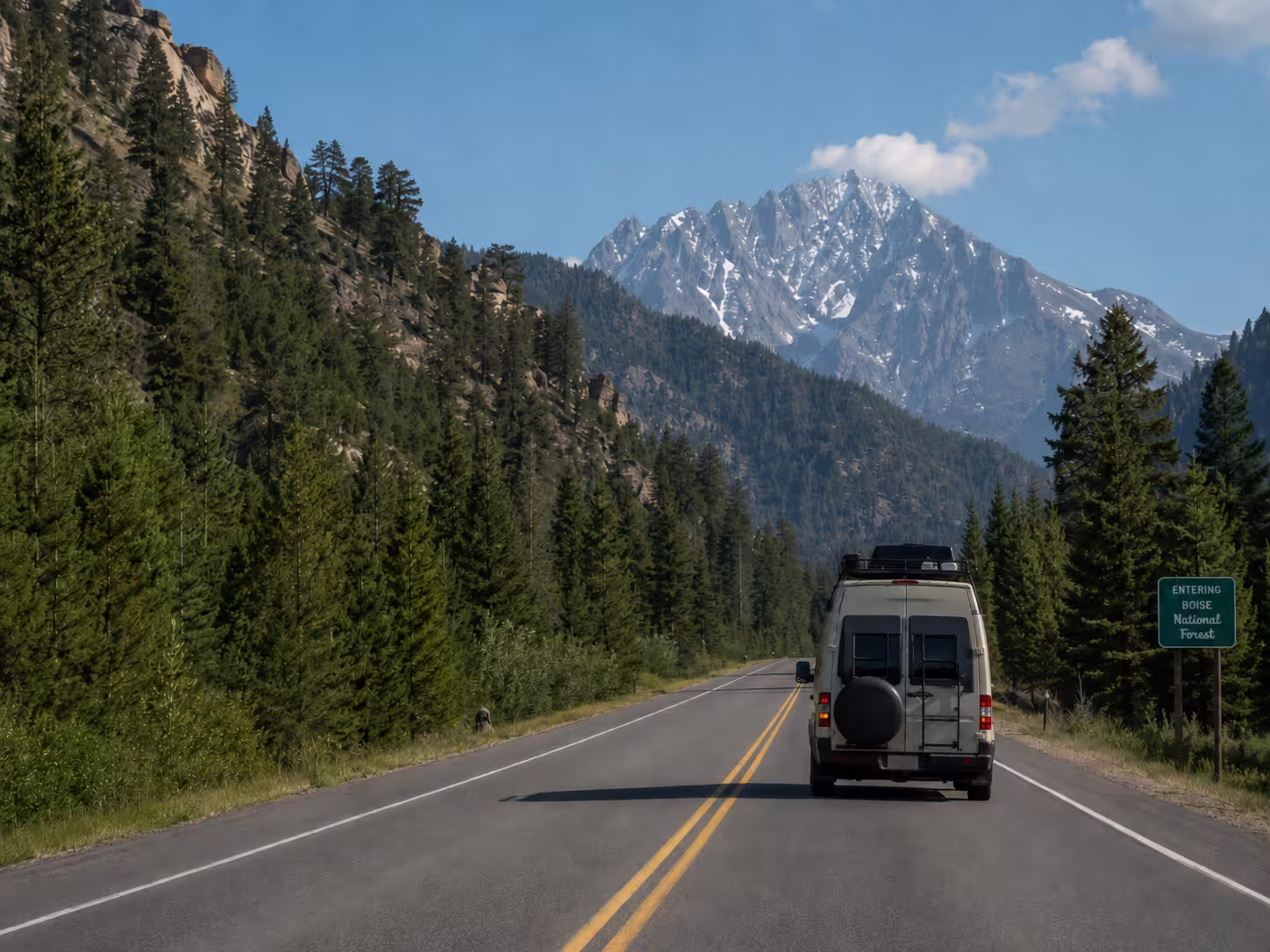 Camper van on Highway 21 heading toward Stanley, Idaho