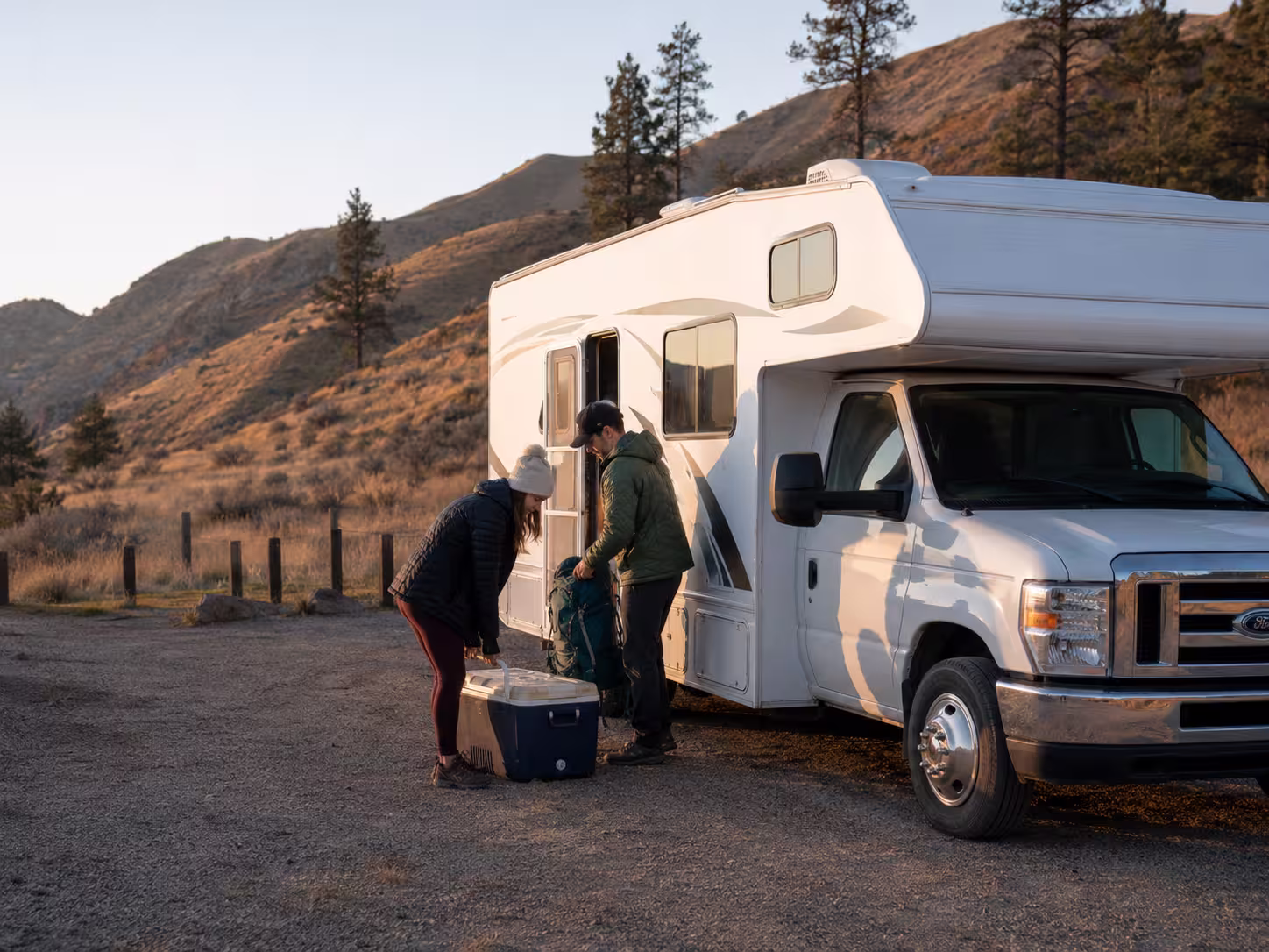 Class C camper rental parked near the Boise Foothills