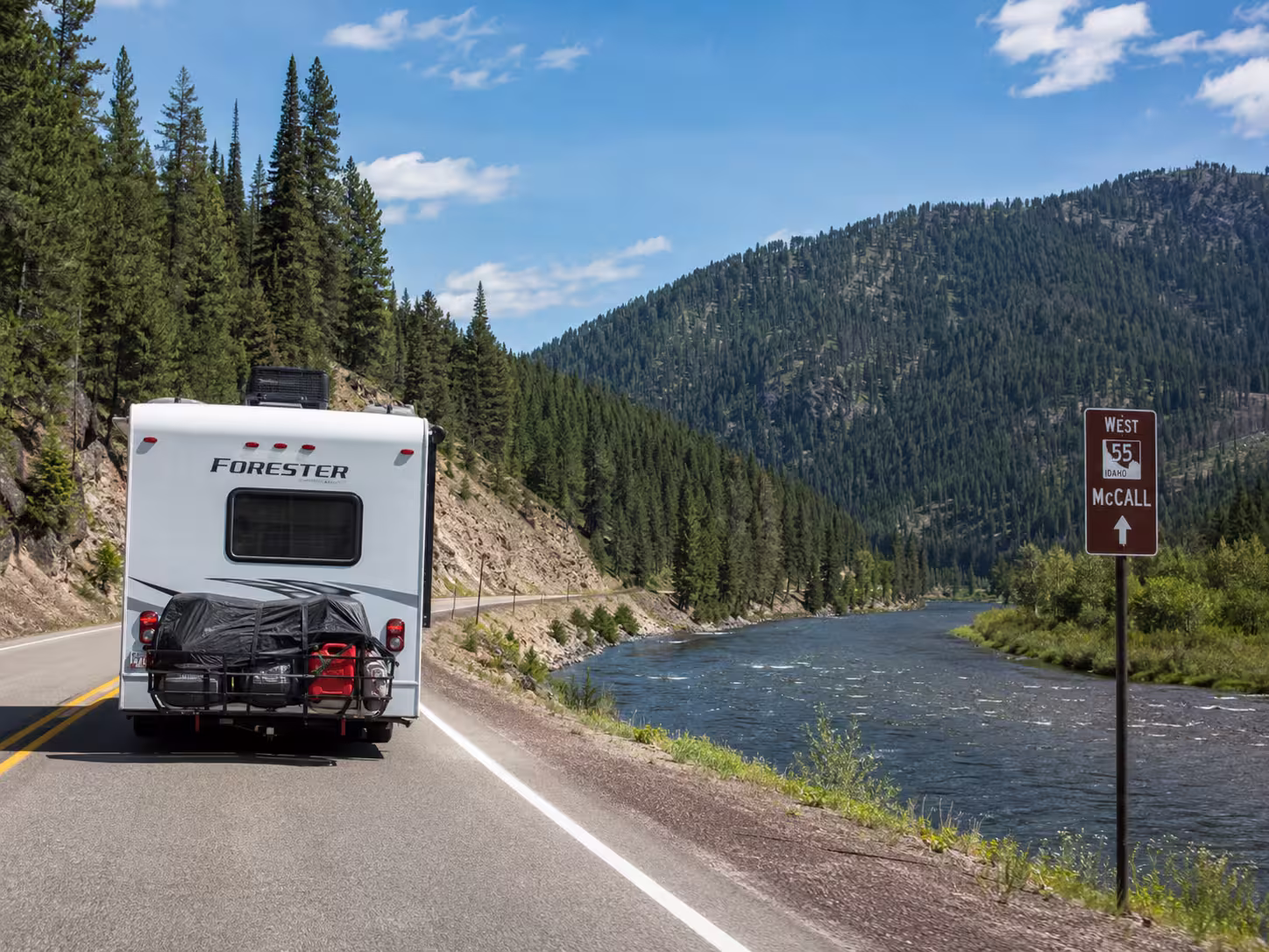 Camper rental driving Highway 55 near McCall, Idaho
