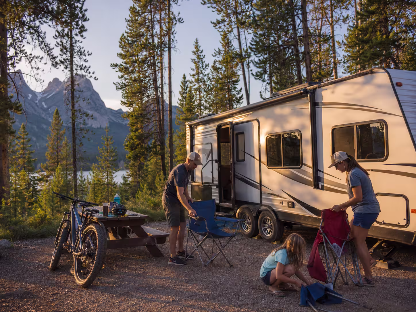 Rented travel trailer at a Sawtooth campground in Idaho