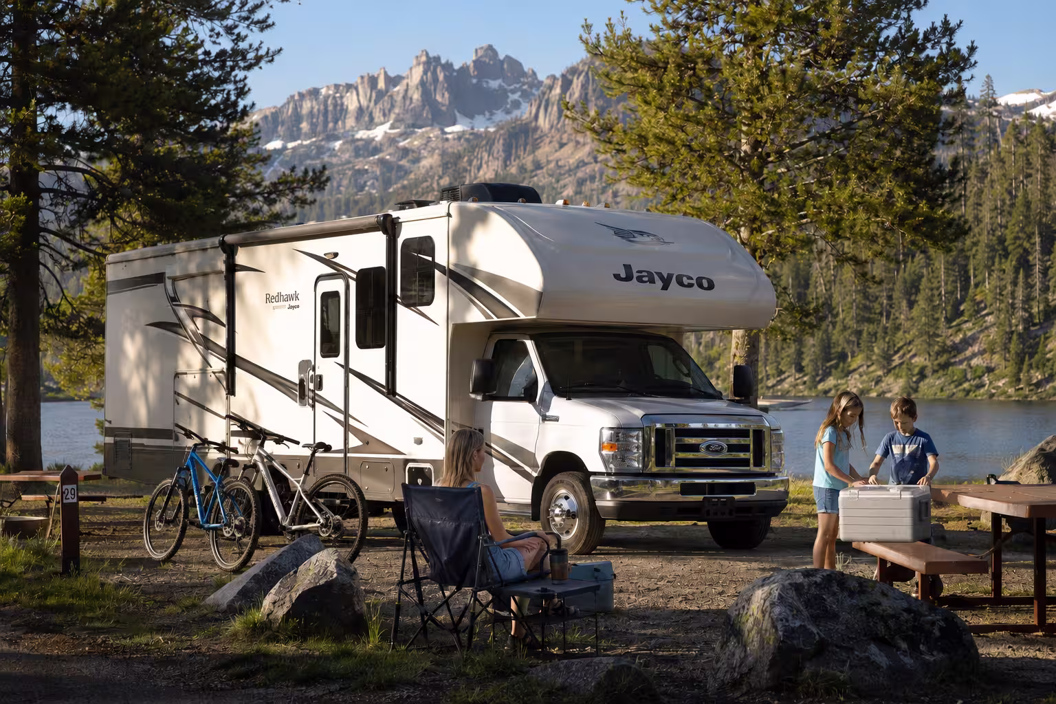 Class C motorhome camped near Redfish Lake in the Sawtooths