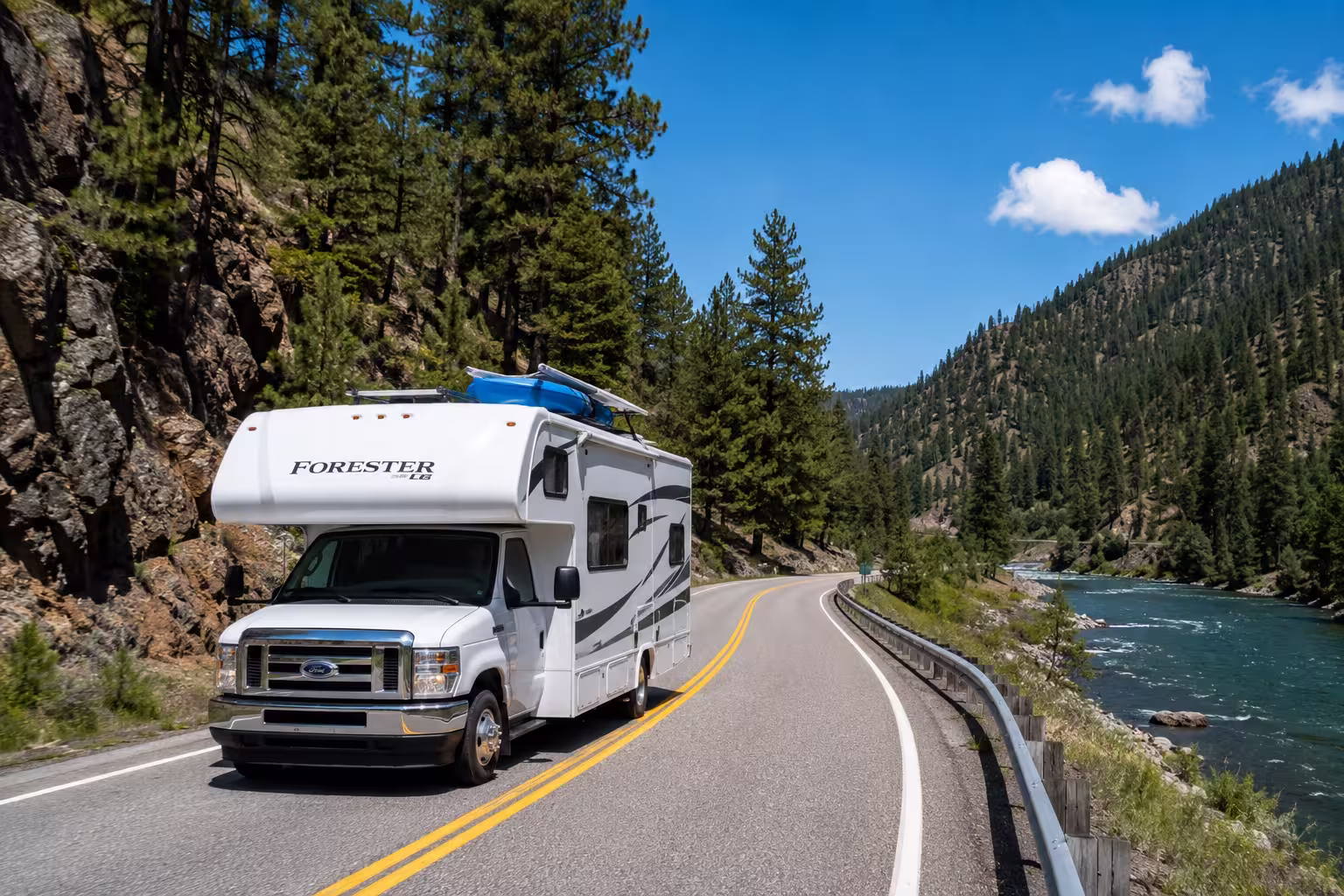 Class C motorhome driving Highway 55 toward McCall, Idaho
