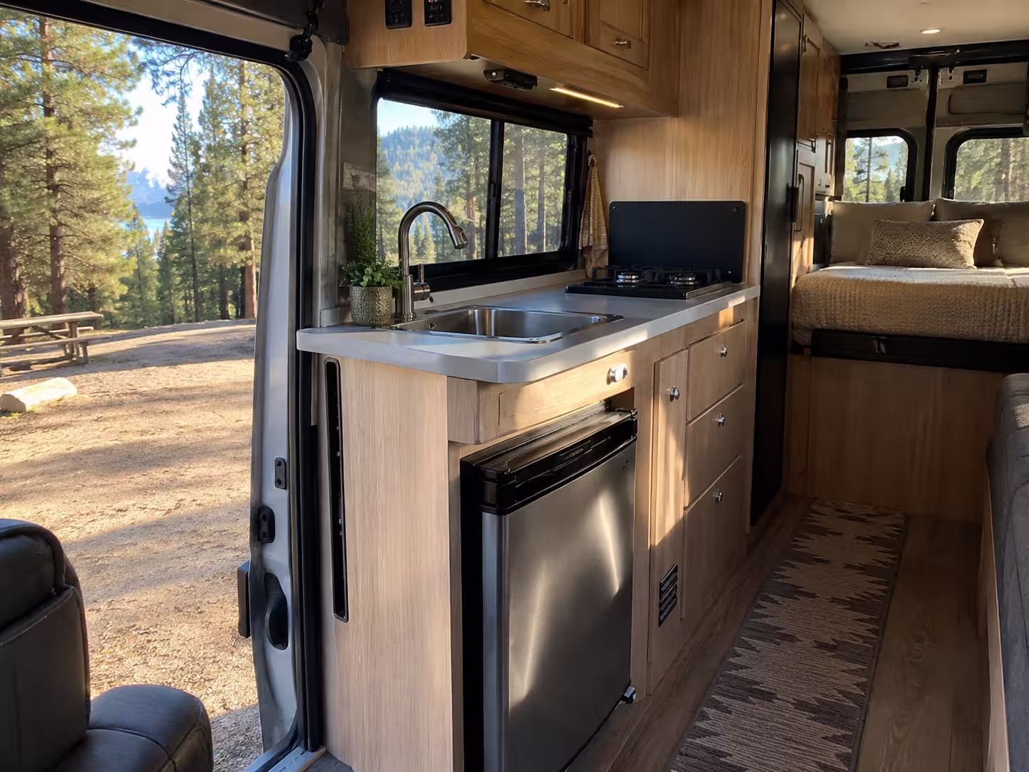 Class B van kitchenette interior in Idaho