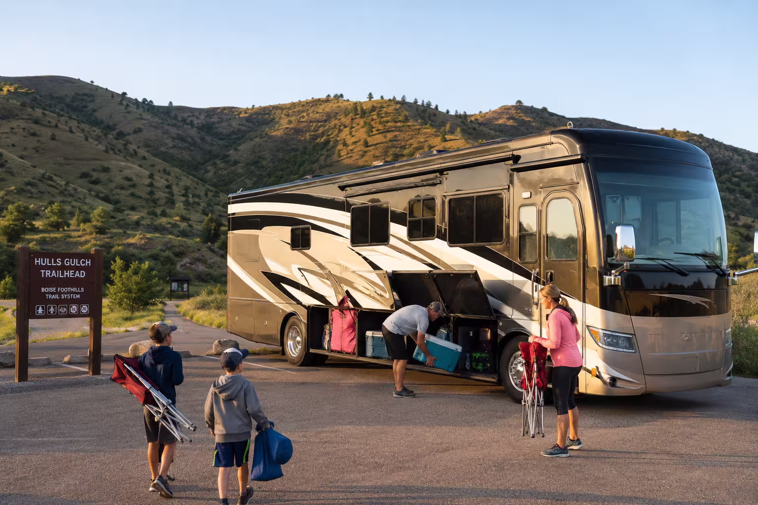 Class A motorhome parked near the Boise Foothills before a trip