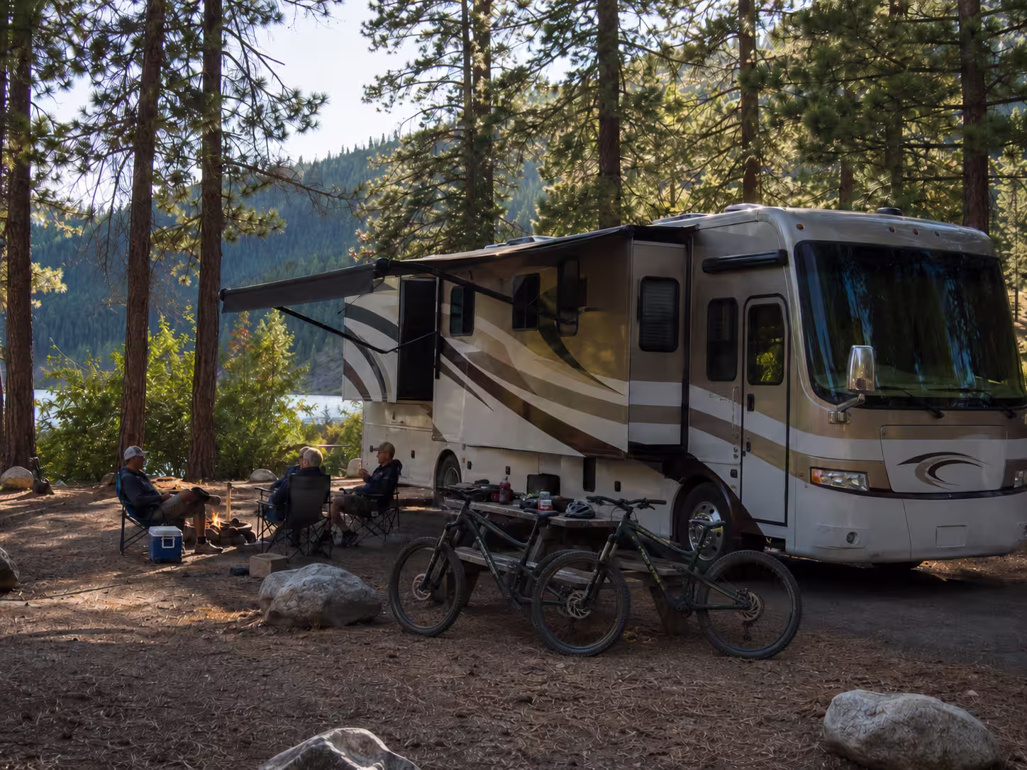 Class A motorhome at a wooded campground near Cascade, Idaho