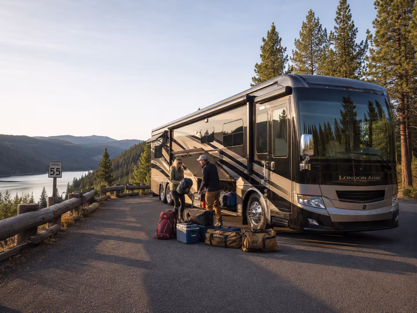 Luxury motorhome parked near McCall on a Boise-area road trip