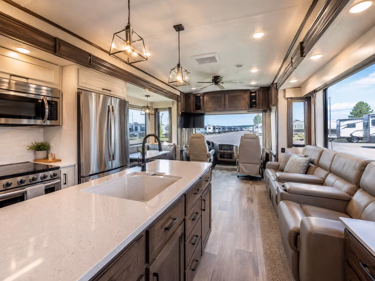 Luxury RV interior with slide-out and full kitchen in Boise