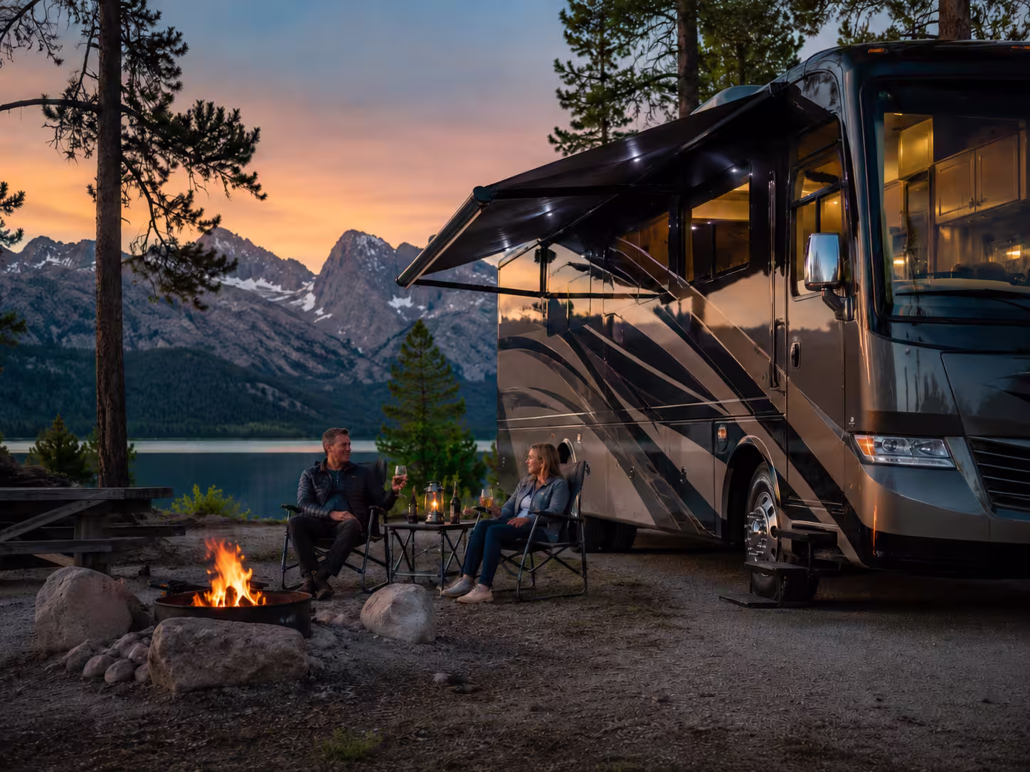 Luxury RV camped near Redfish Lake in the Sawtooth Mountains